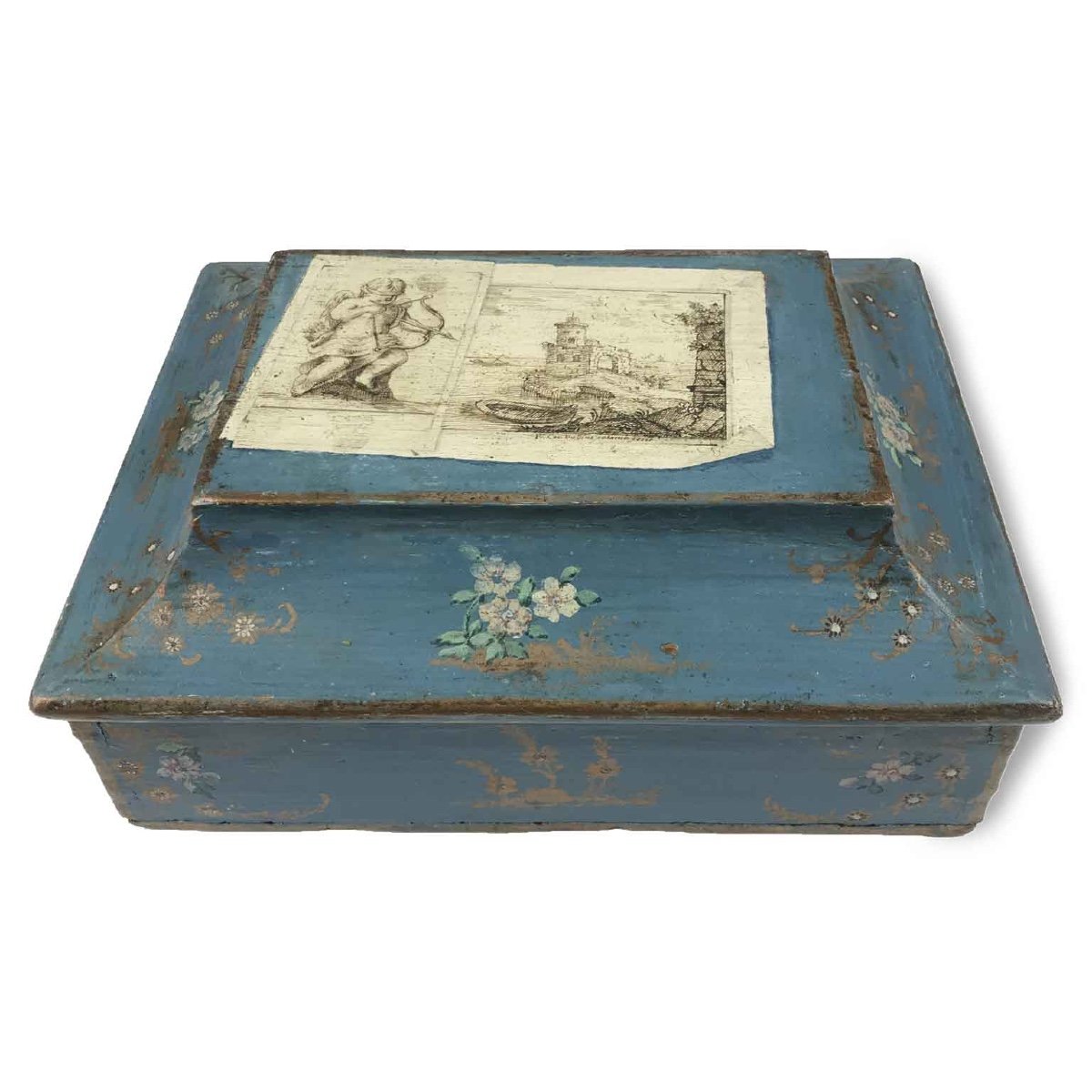 18th Century Italian Blue Wooden Box With Cupid And Flower Decoration-photo-3