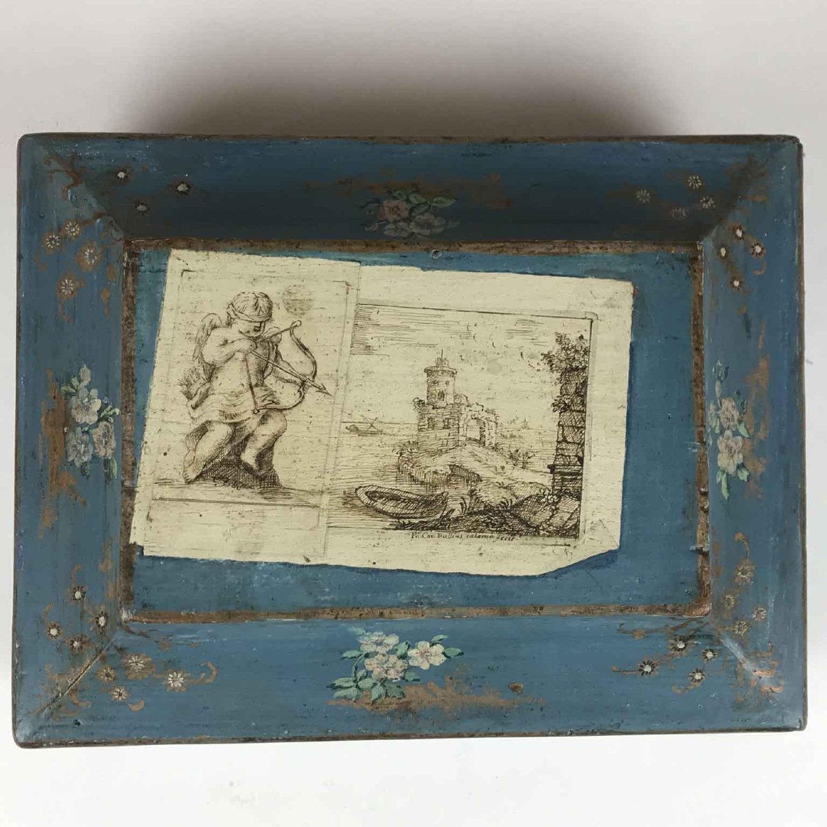 18th Century Italian Blue Wooden Box With Cupid And Flower Decoration-photo-6