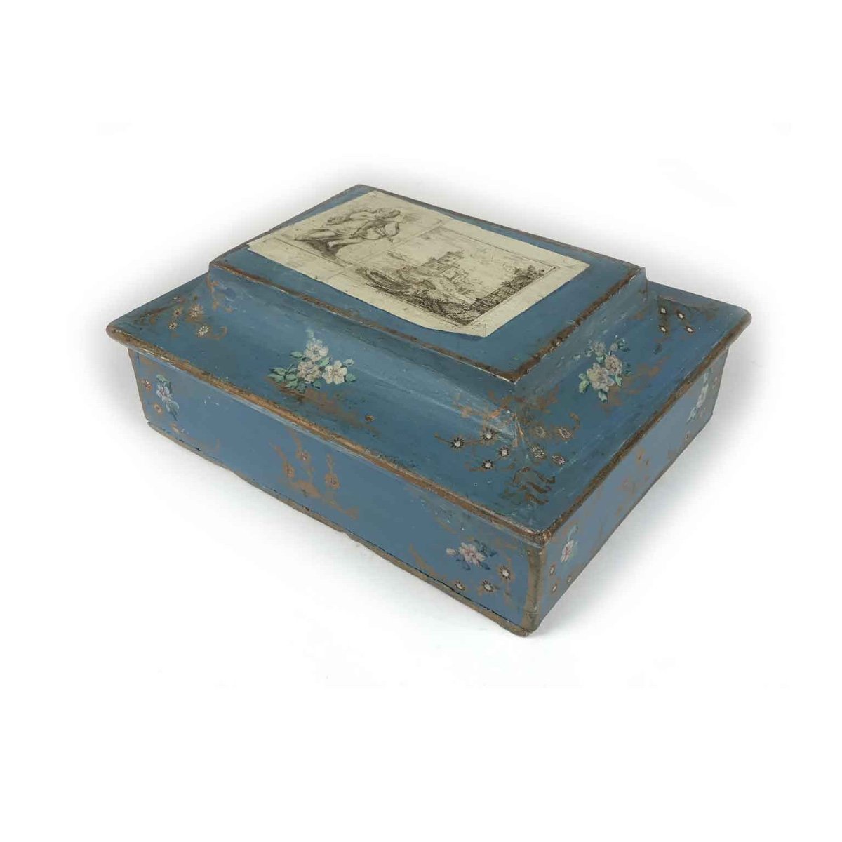 18th Century Italian Blue Wooden Box With Cupid And Flower Decoration