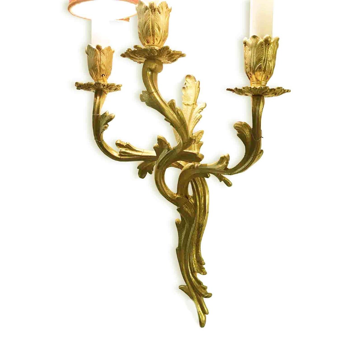 Pair Of French Louis XV Style Gilt Bronze Three-light Antique Wall Sconces-photo-2