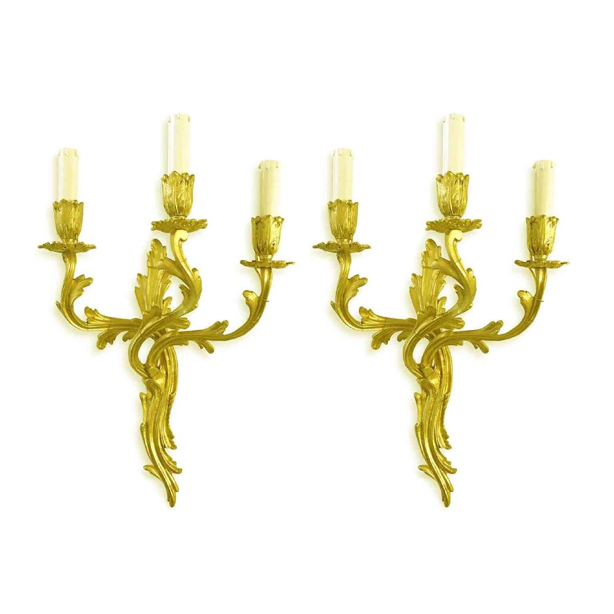 Pair Of French Louis XV Style Gilt Bronze Three-light Antique Wall Sconces-photo-3