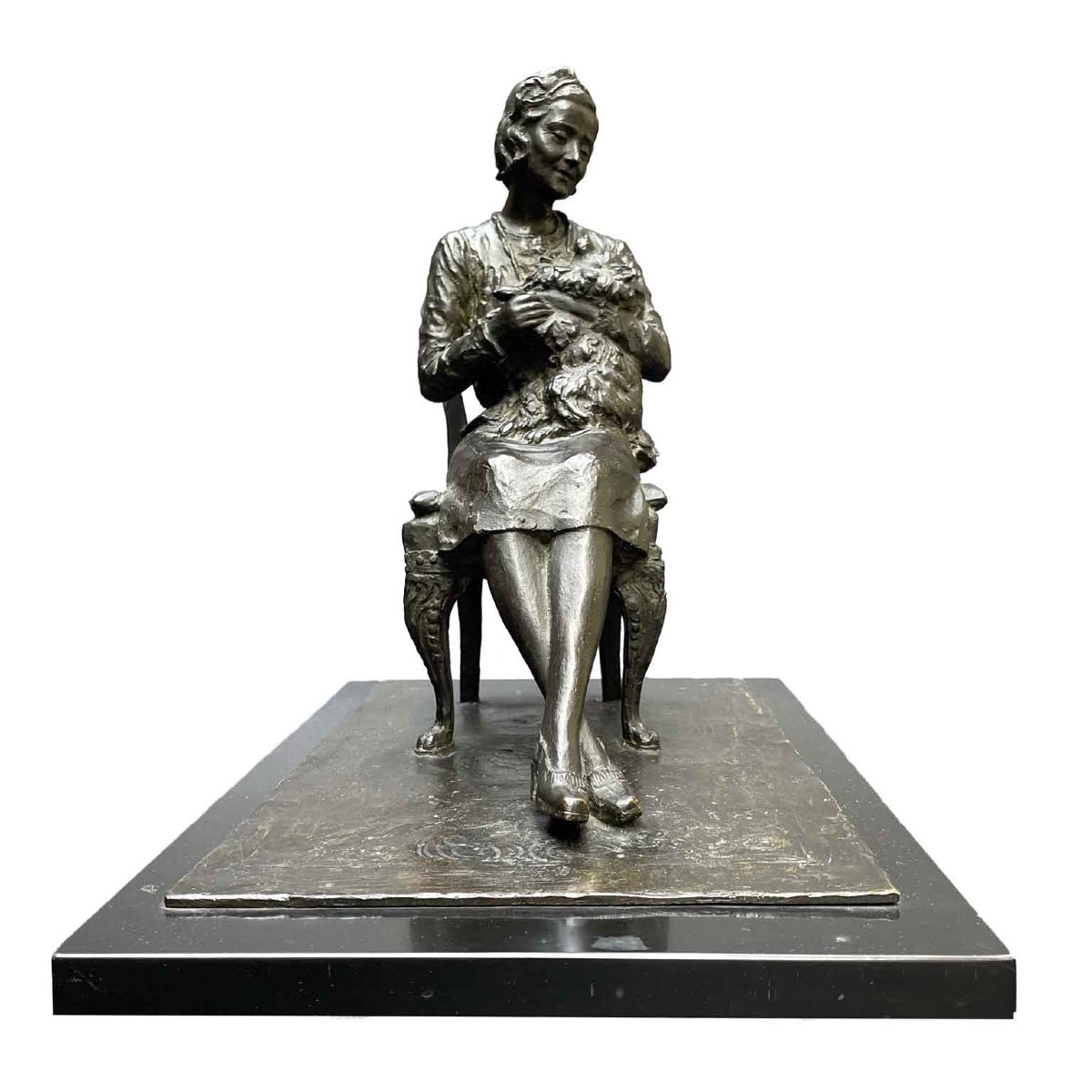 Bronze Italian Sculpture Of Lady With Dog 1942 By Leonardo Secchi -photo-2