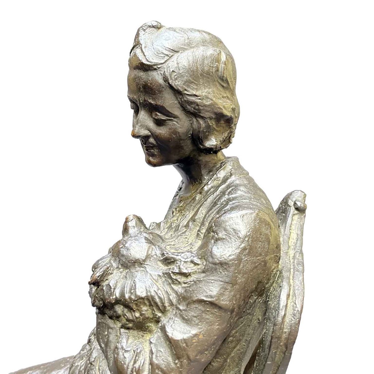 Bronze Italian Sculpture Of Lady With Dog 1942 By Leonardo Secchi -photo-3