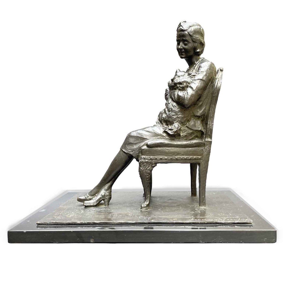 Bronze Italian Sculpture Of Lady With Dog 1942 By Leonardo Secchi 