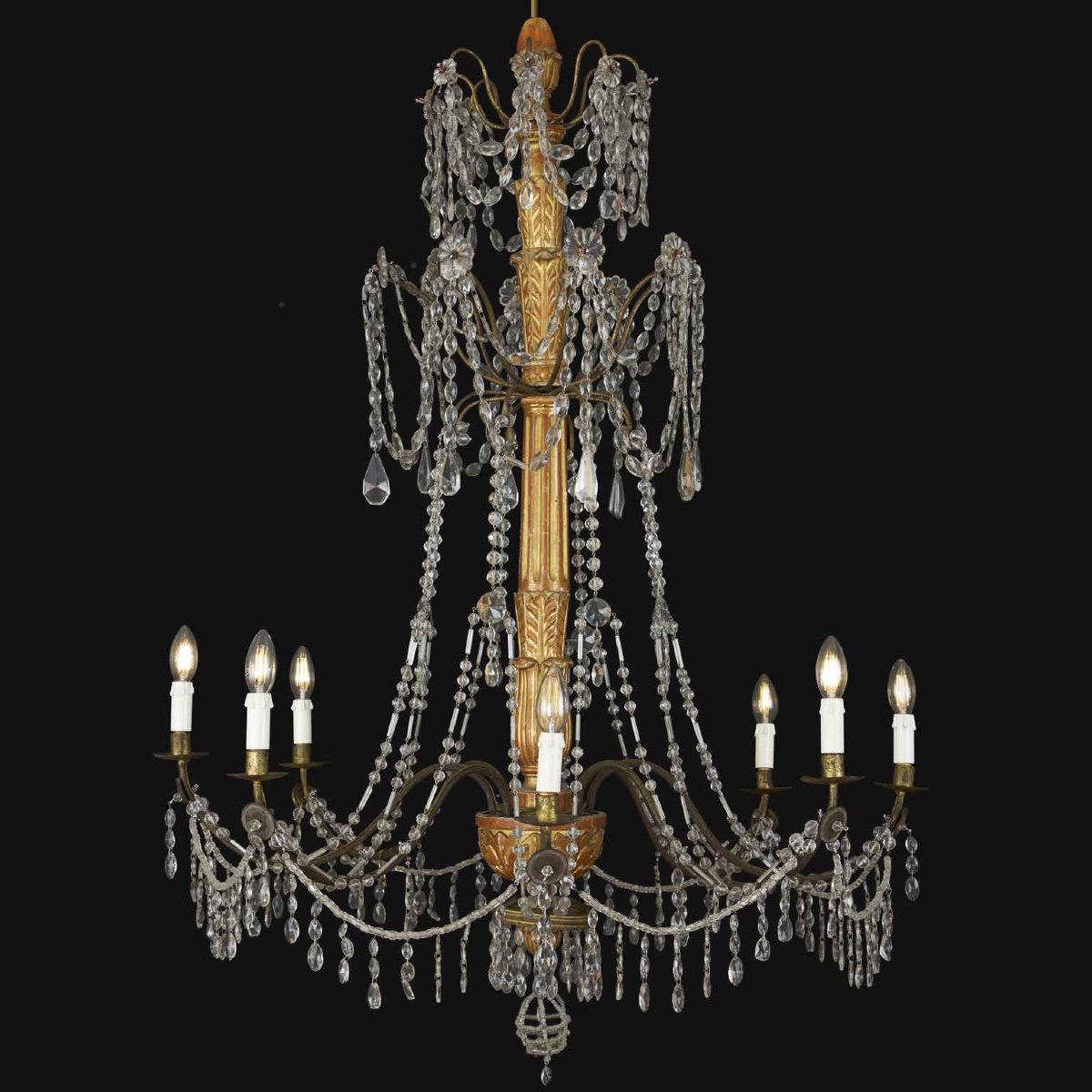 Louis XVI Genoese Chandelier In Gilded Wood And Crystals End 1700 Eight Lights 