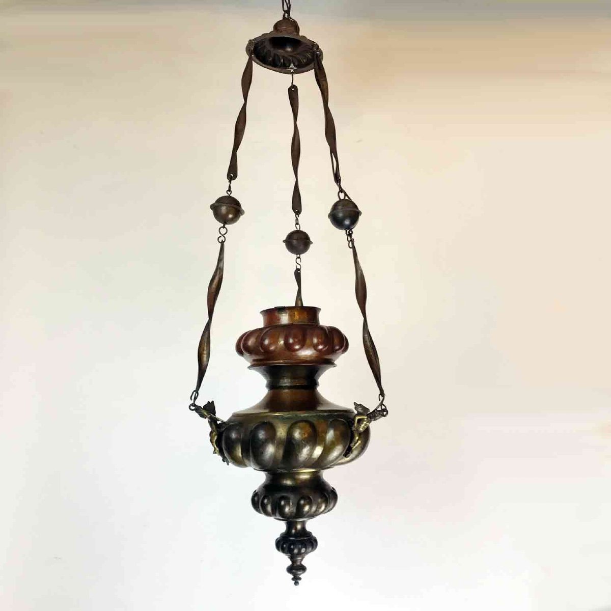 Italian 19th Century Pendant Oil Lamp Chandelier Hanging Church Lantern-photo-2