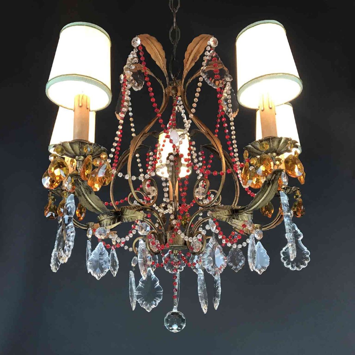 Gilt Iron Chandelier With Red Crystals-photo-2