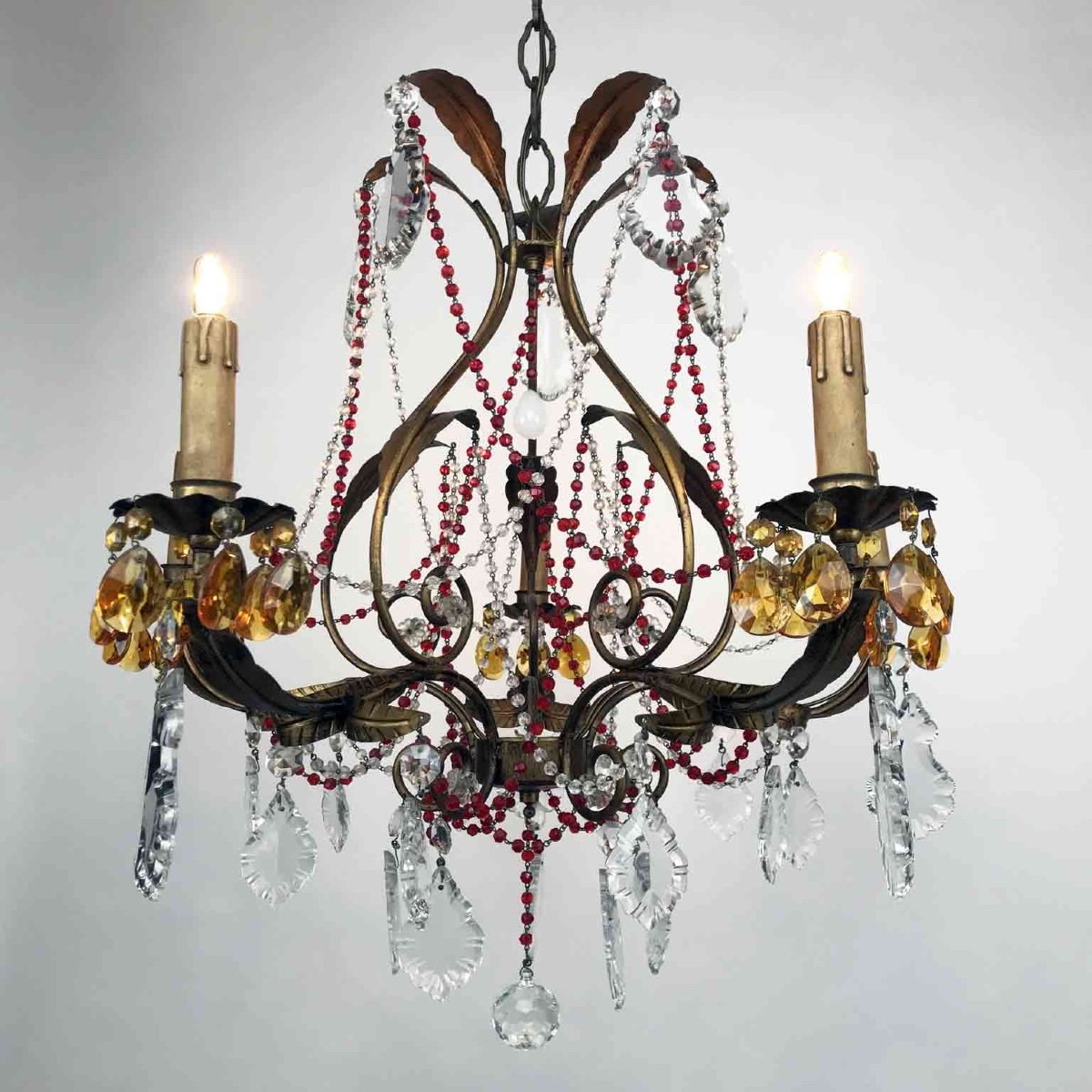 Gilt Iron Chandelier With Red Crystals-photo-3