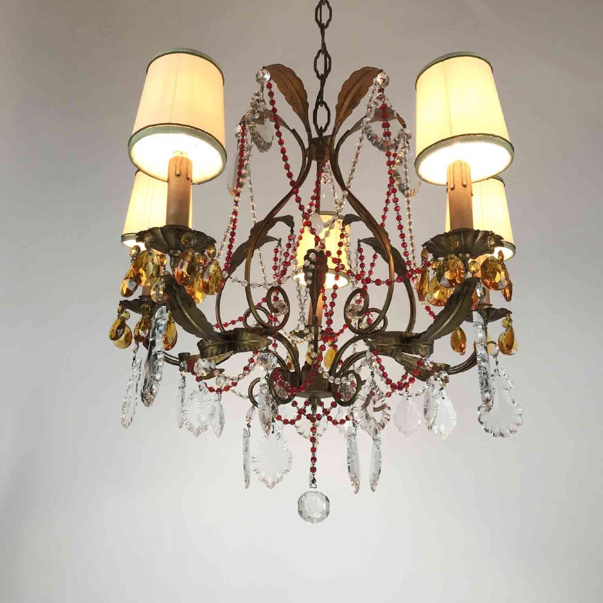 Gilt Iron Chandelier With Red Crystals-photo-4