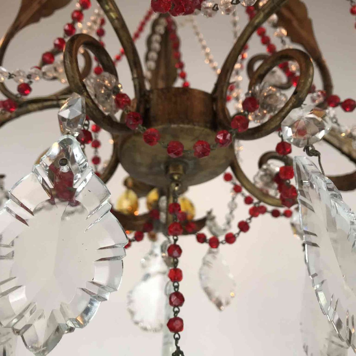 Gilt Iron Chandelier With Red Crystals-photo-1