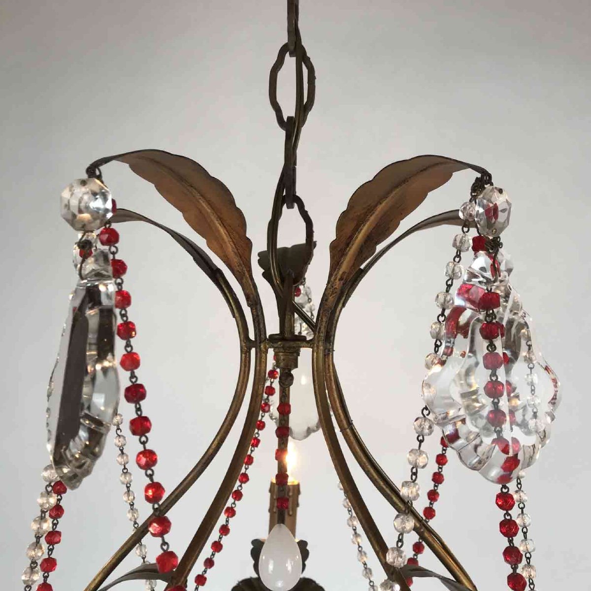 Gilt Iron Chandelier With Red Crystals-photo-2