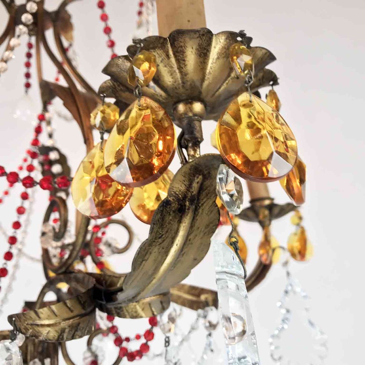 Gilt Iron Chandelier With Red Crystals-photo-3