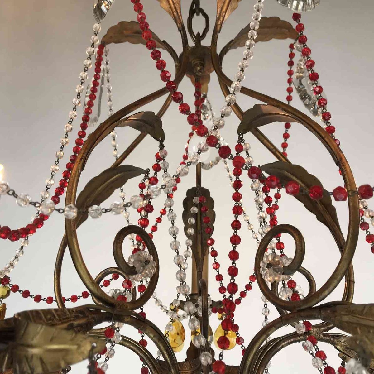 Gilt Iron Chandelier With Red Crystals-photo-4