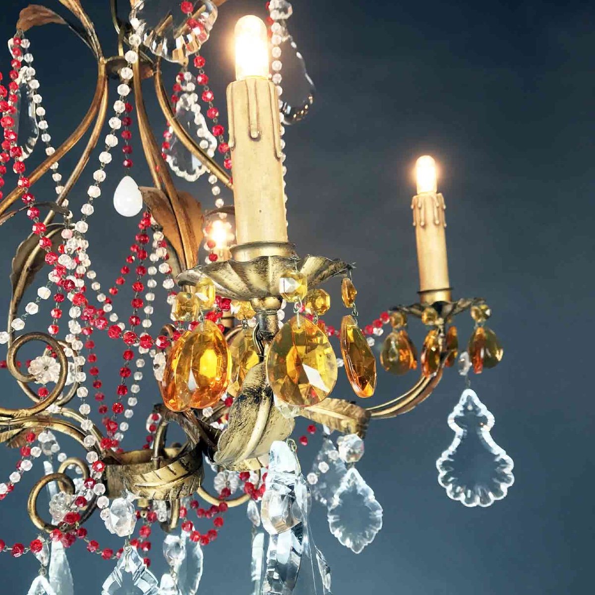 Gilt Iron Chandelier With Red Crystals-photo-5