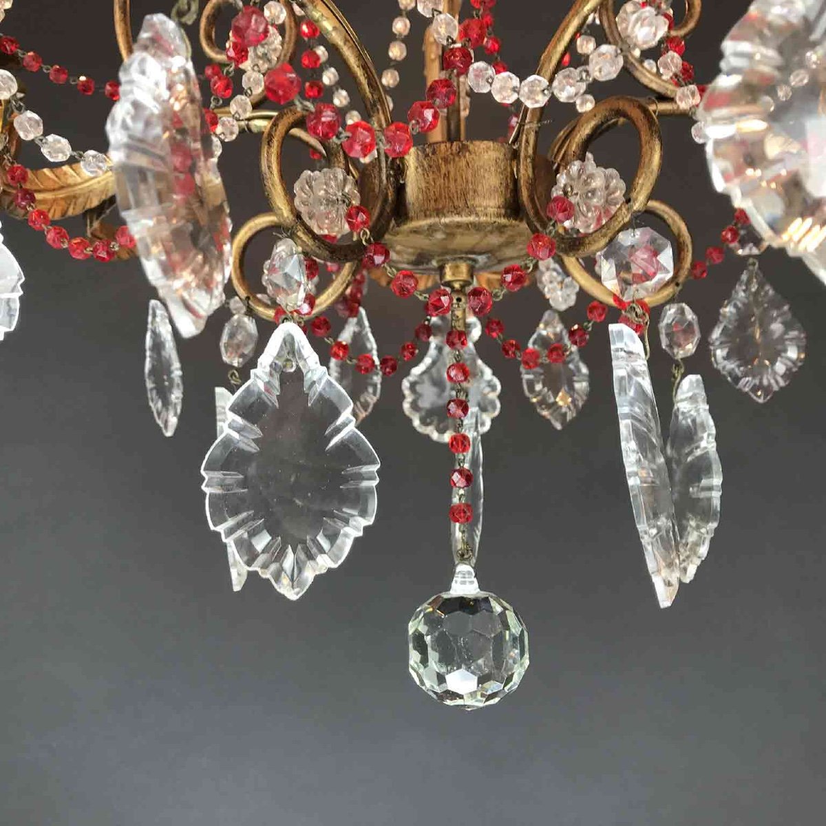 Gilt Iron Chandelier With Red Crystals-photo-6