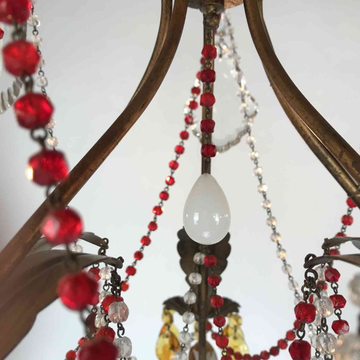 Gilt Iron Chandelier With Red Crystals-photo-7