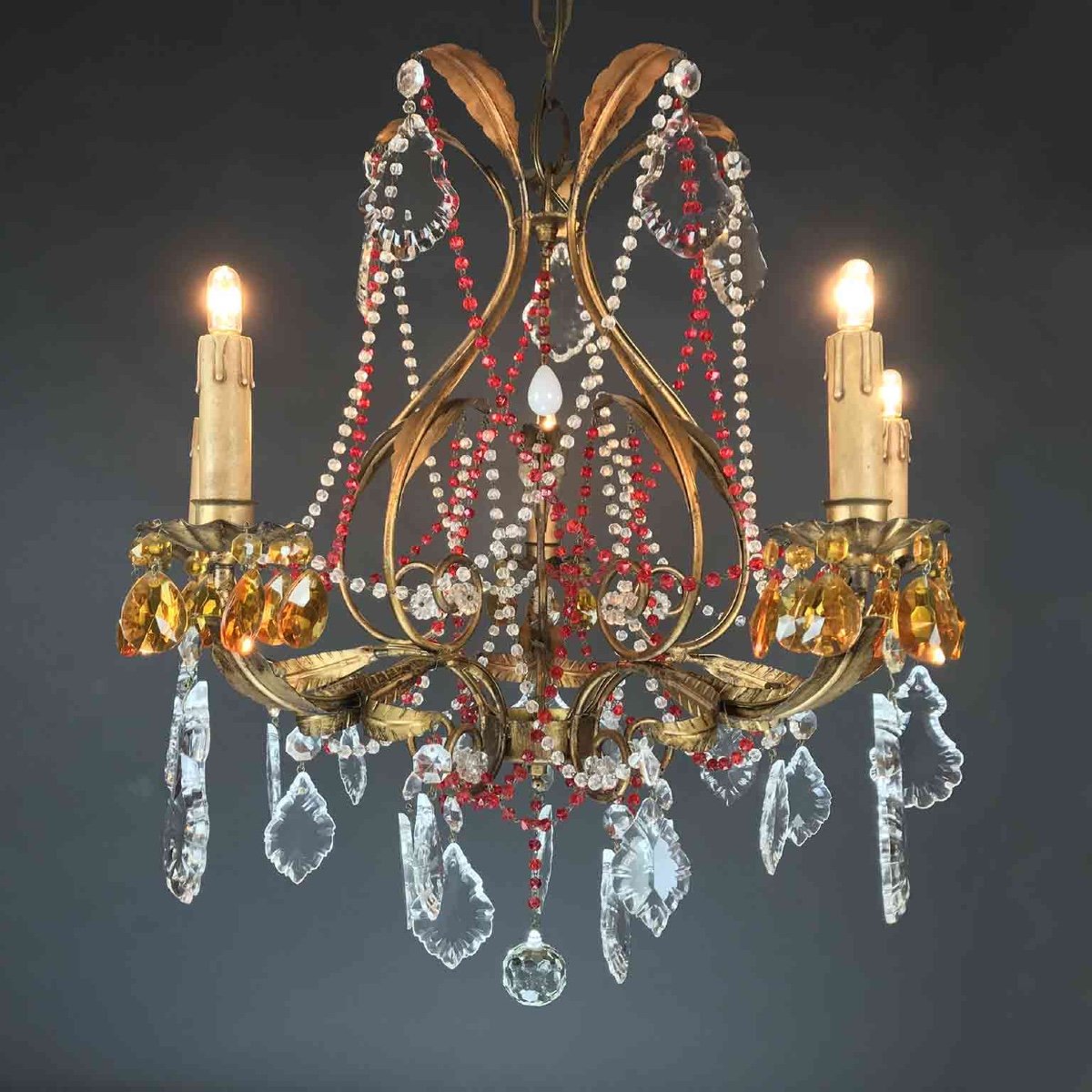 Gilt Iron Chandelier With Red Crystals