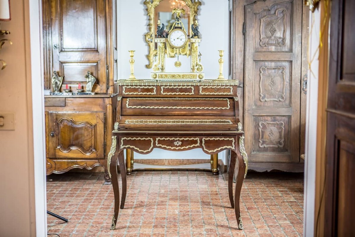 19th Century Napoleon III Gilt Bronze Mounted Mahogany Cylinder Bureau De Dame-photo-5