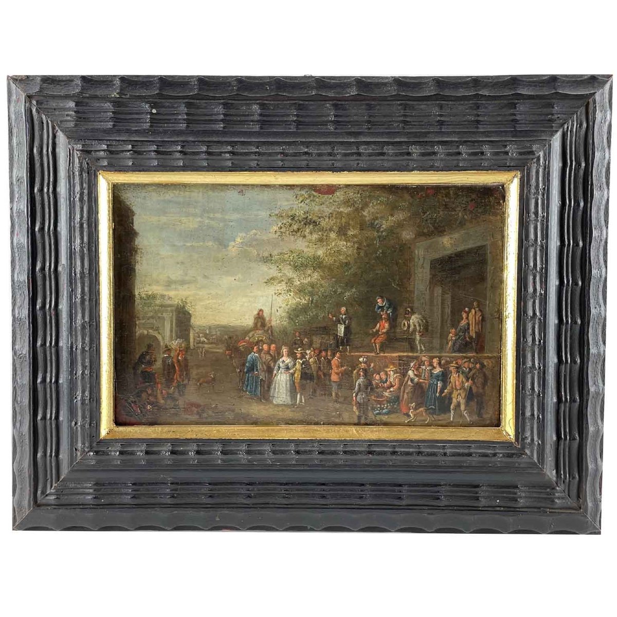 17th Century Flemish Old Master Painting On Copper Italian Comedy Scene-photo-2