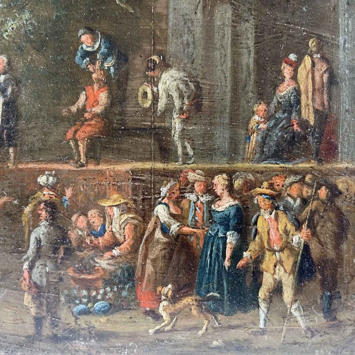 17th Century Flemish Old Master Painting On Copper Italian Comedy Scene-photo-3