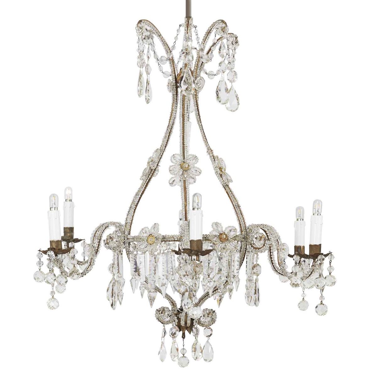 Early 20th Century Italian Beaded Crystal Flower Chandelier With Gilt Buttons-photo-2