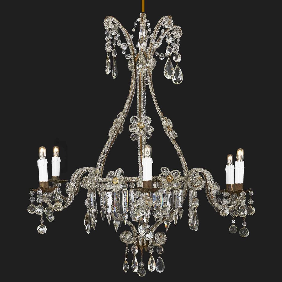 Early 20th Century Italian Beaded Crystal Flower Chandelier With Gilt Buttons-photo-3