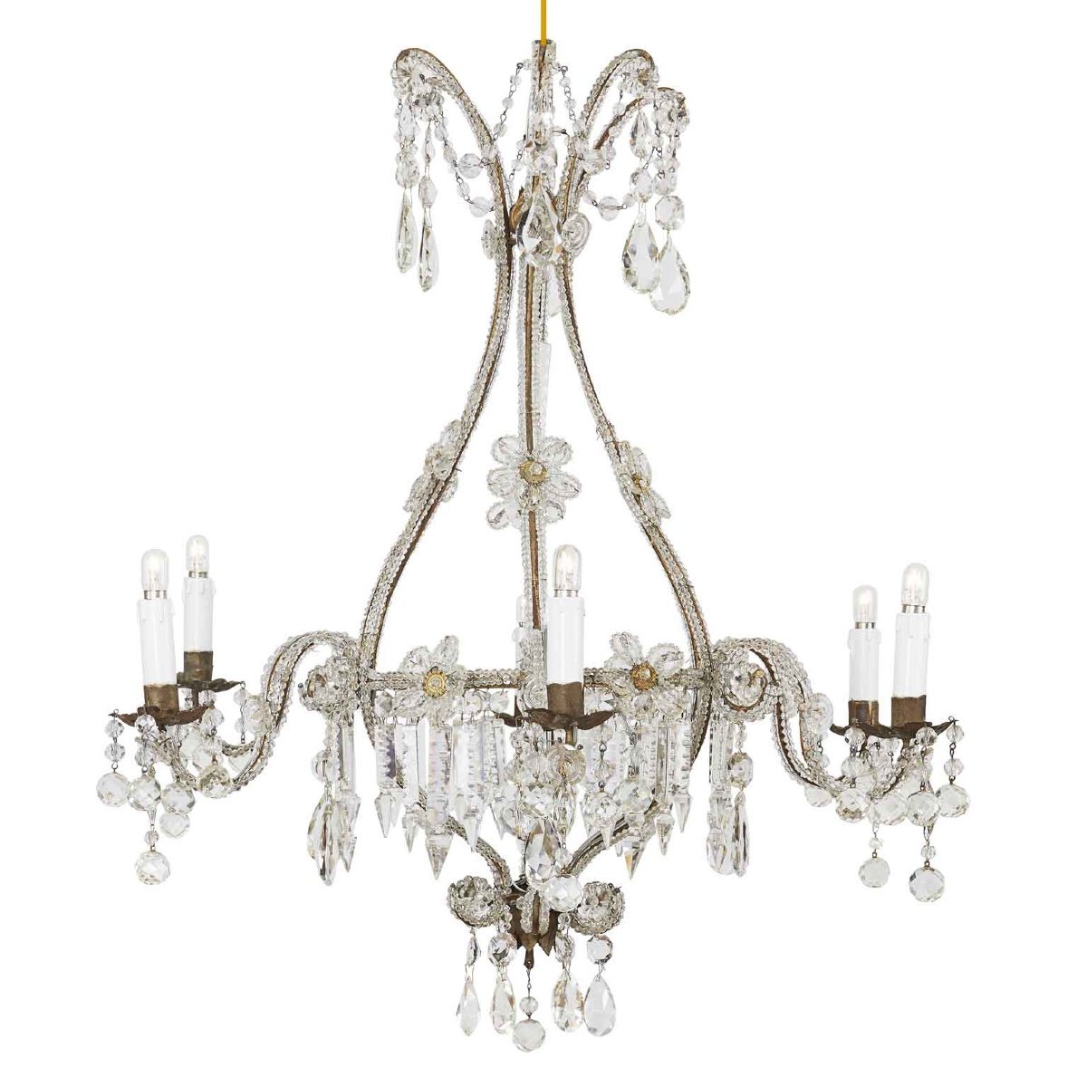 Early 20th Century Italian Beaded Crystal Flower Chandelier With Gilt Buttons