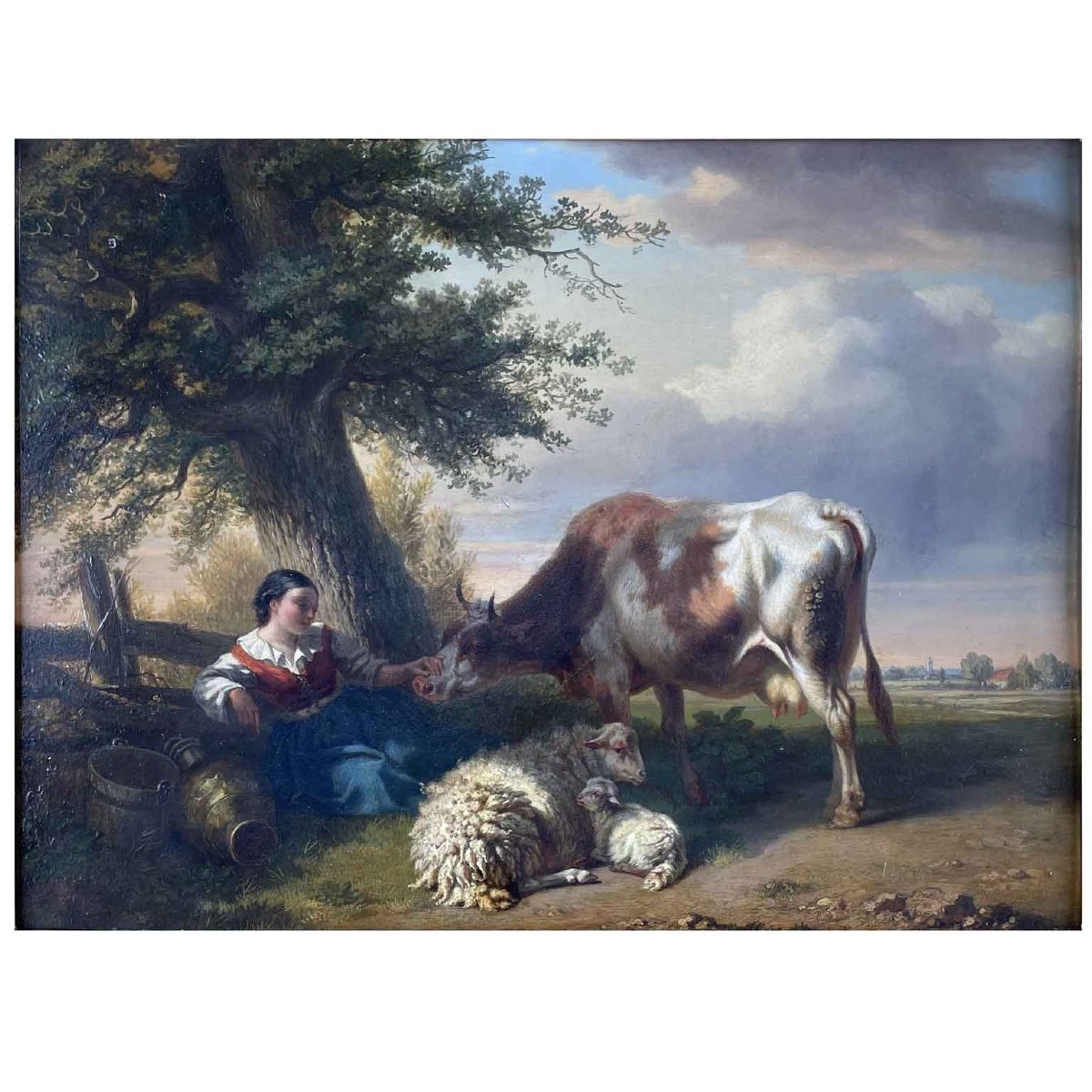 Tschaggeny 1849 Flemish Pastoral Landscape With Shepherdess Cow And Sheep-photo-2