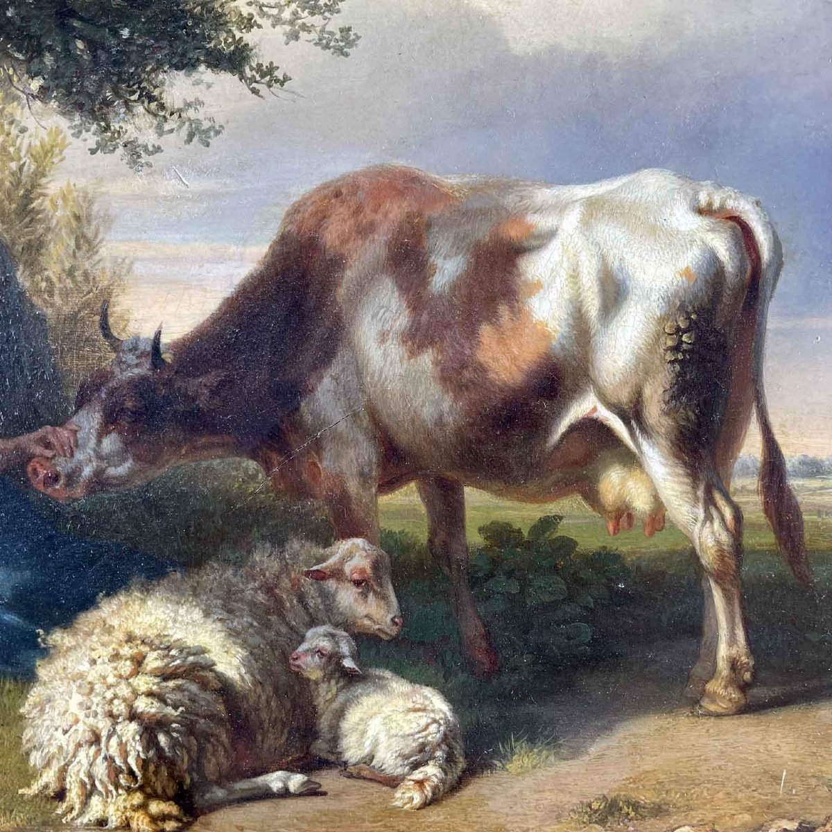 Tschaggeny 1849 Flemish Pastoral Landscape With Shepherdess Cow And Sheep-photo-8