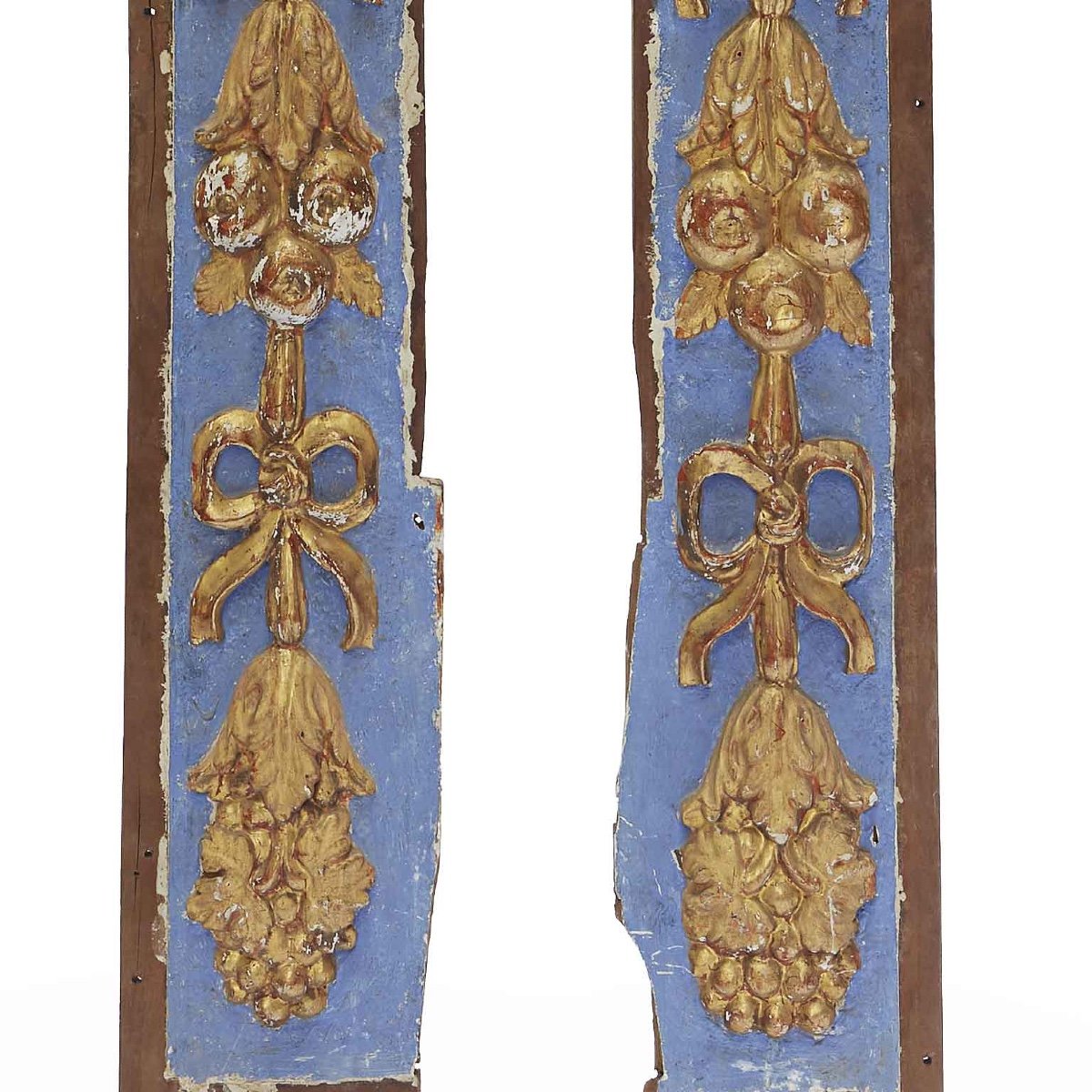 Pair Of Italian Friezes 18th Century Blue Painted Carved Gilwood Wall Decorative Panels-photo-2