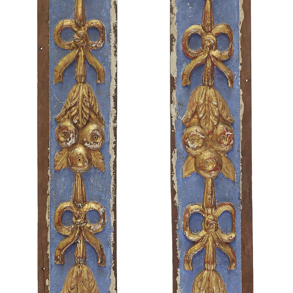 Pair Of Italian Friezes 18th Century Blue Painted Carved Gilwood Wall Decorative Panels-photo-3