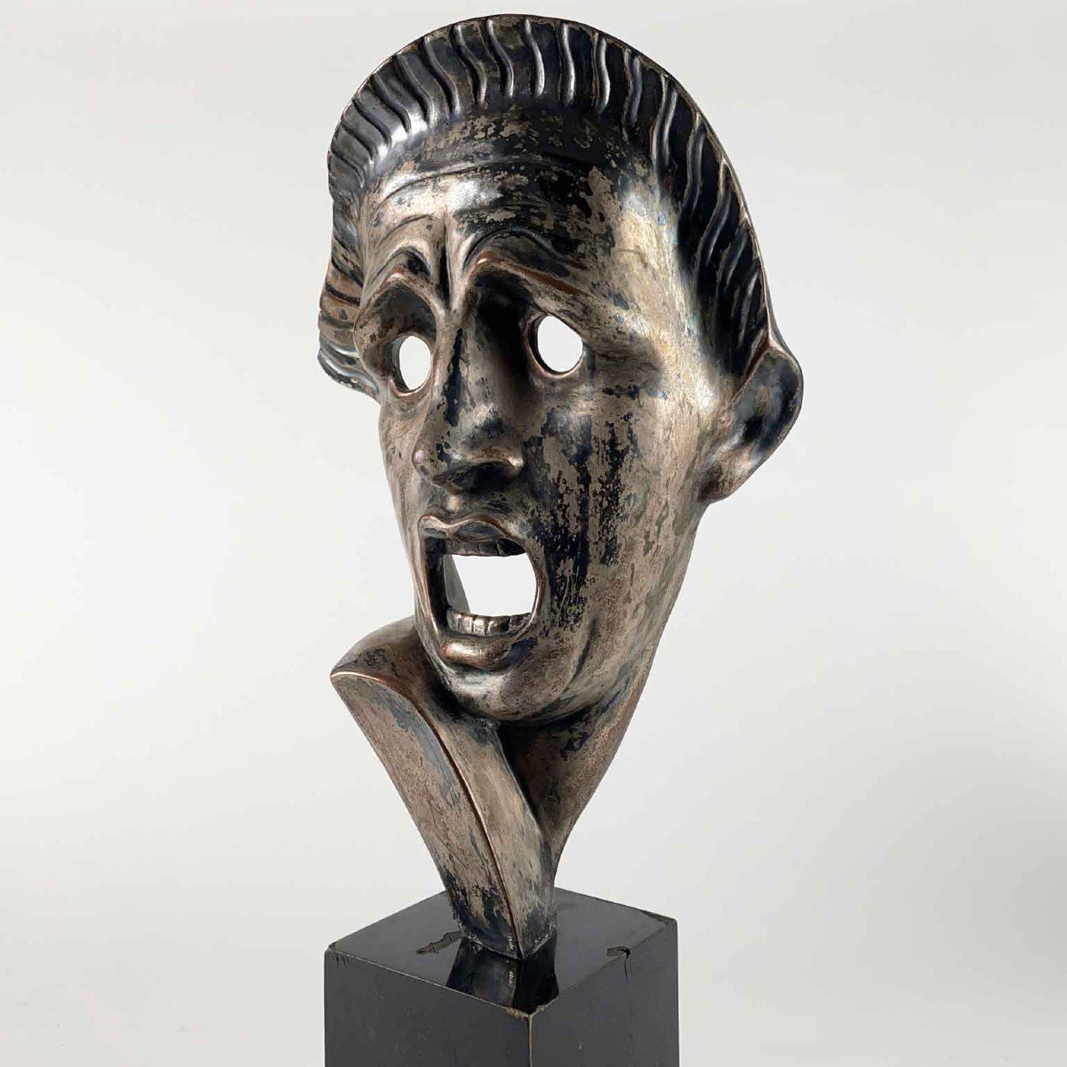 Art Deco Tragic Mask By Neapolitan Cacciapuoti Guido In Silvered Ceramic-photo-3