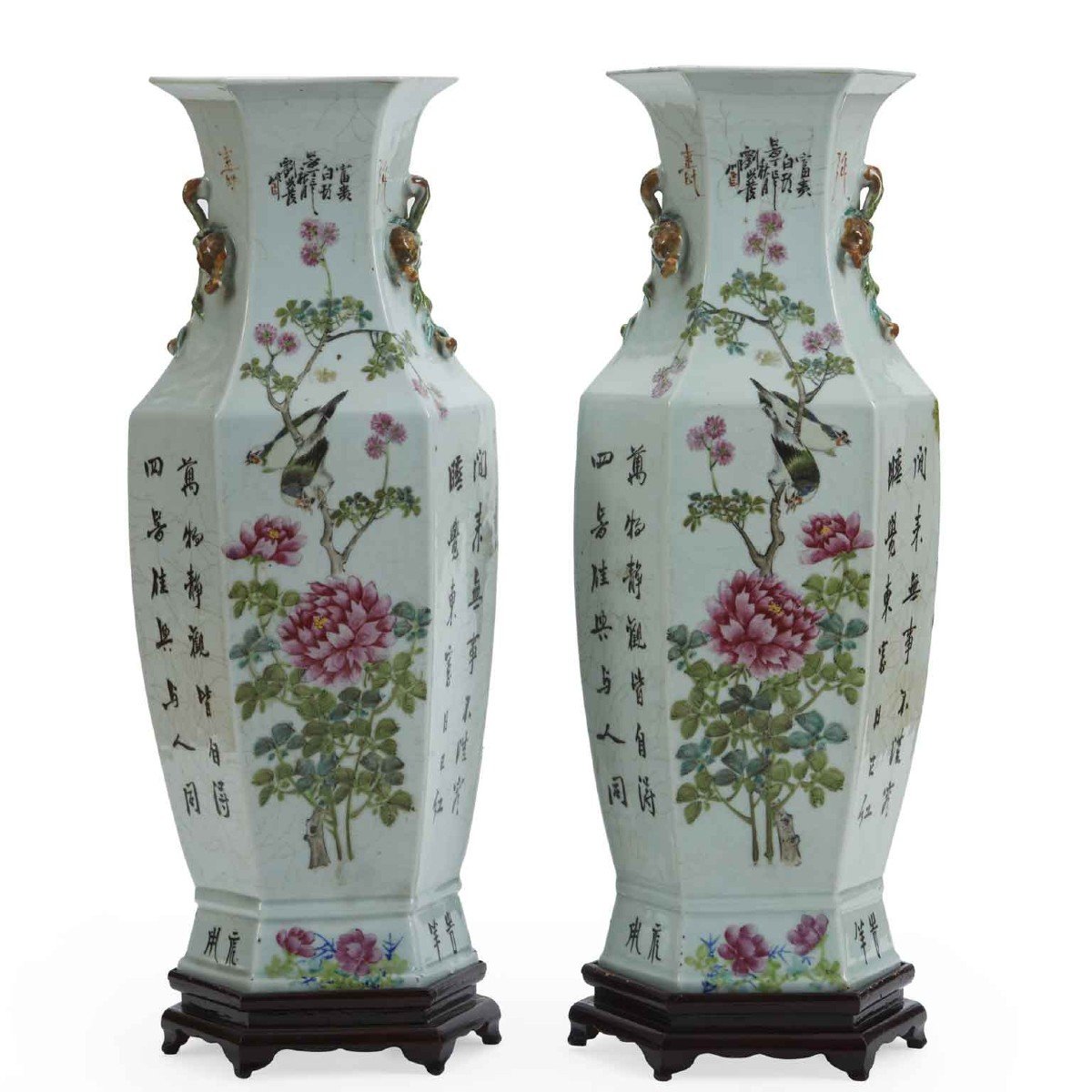 Pair Of Chinese Hexagonal Porcelain Vases Qing Dynasty 19th Century-photo-2