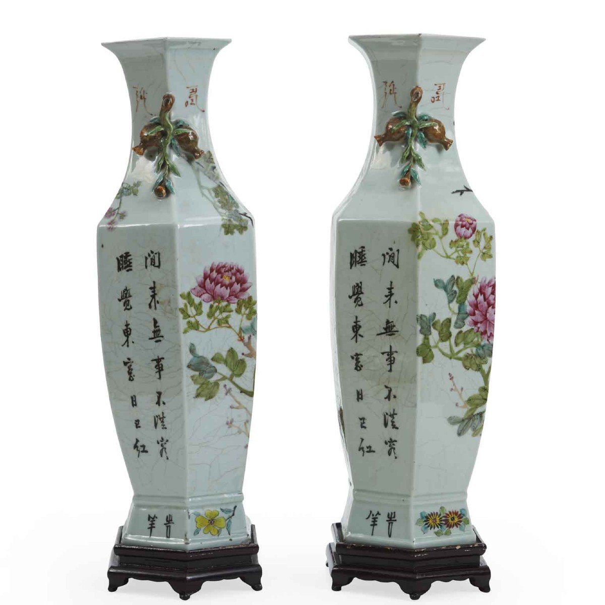 Pair Of Chinese Hexagonal Porcelain Vases Qing Dynasty 19th Century-photo-3