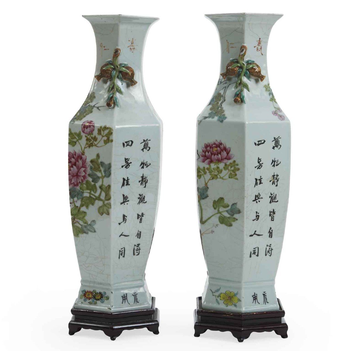 Pair Of Chinese Hexagonal Porcelain Vases Qing Dynasty 19th Century-photo-4