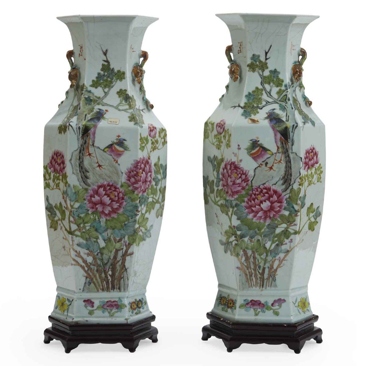 Pair Of Chinese Hexagonal Porcelain Vases Qing Dynasty 19th Century