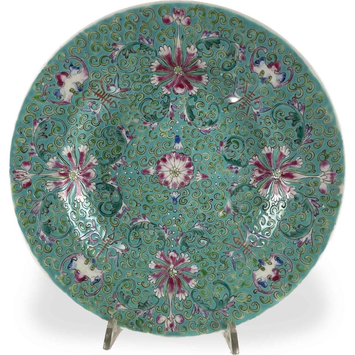 Assiette Ancienne En Porcelaine à Décor De Fond Vert, Chine 19ème