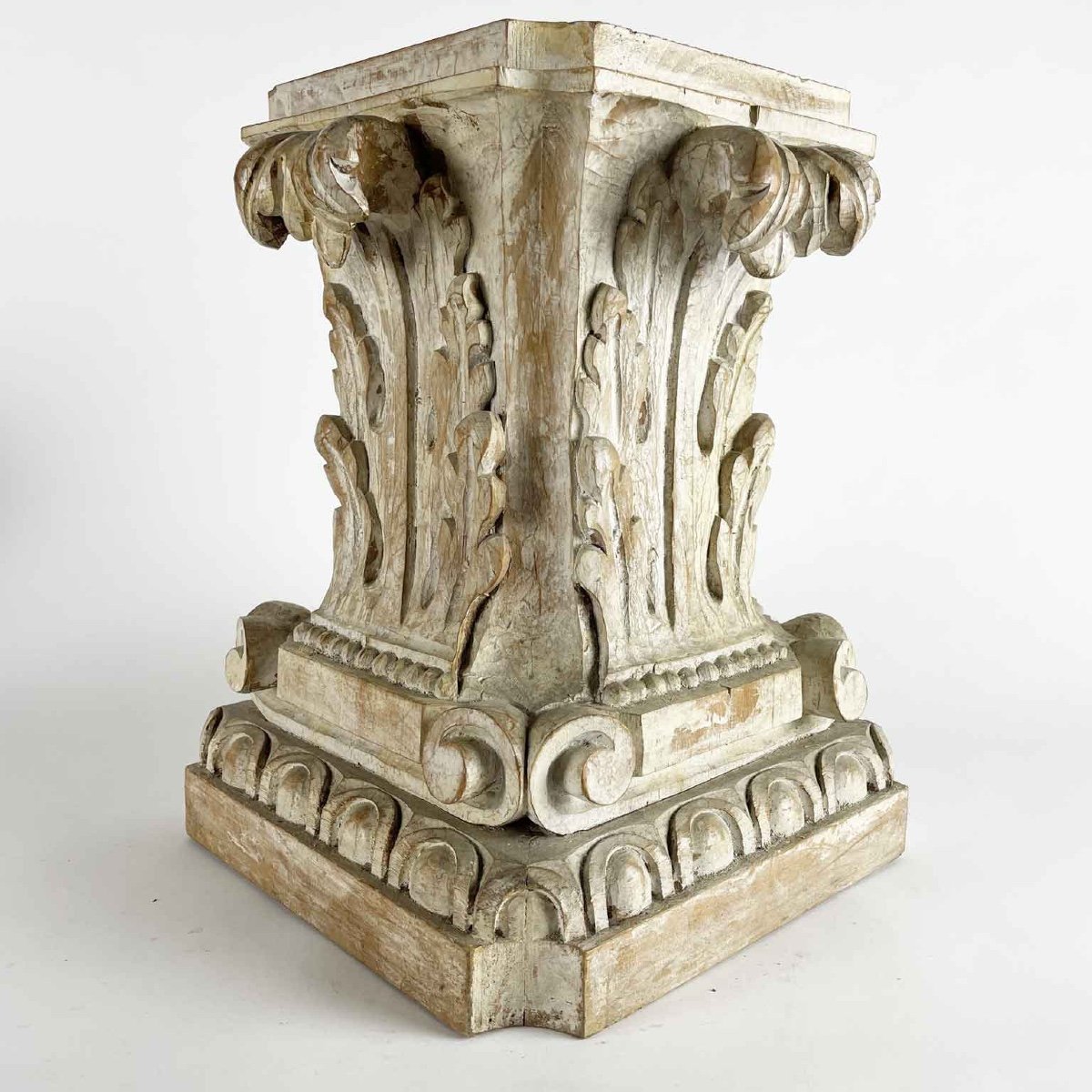 Paire De Chapiteaux  Basestones Pour Tables Basses Sculptés De Feuilles d'Acanthe Florence 1900-photo-3