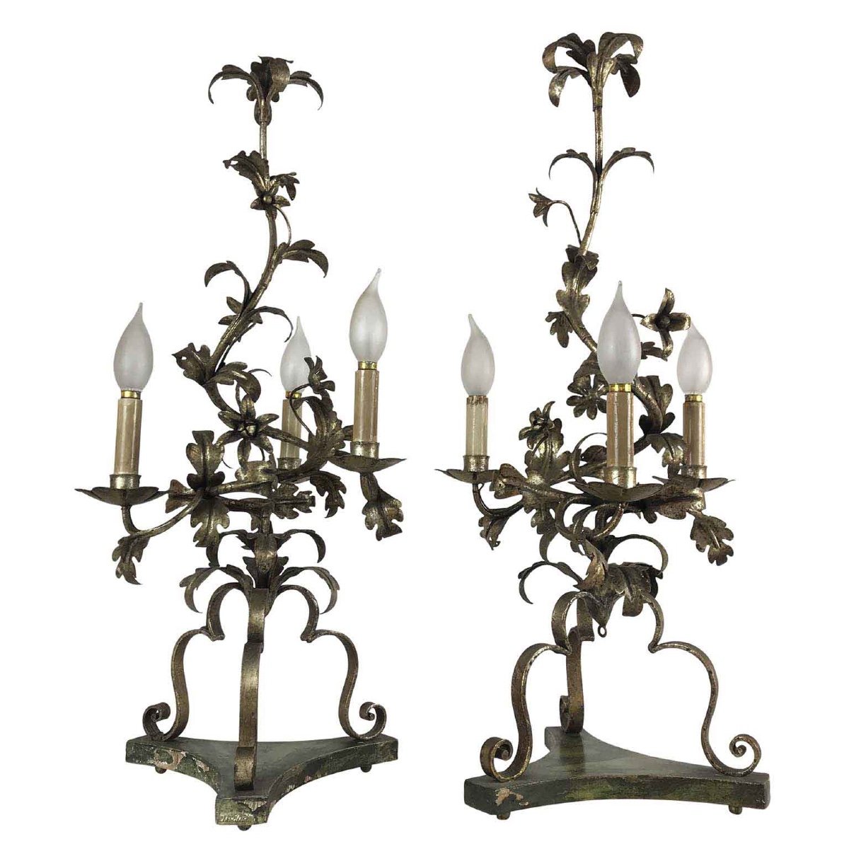 Pair Of Italian Candelabra 20th Century Silver-leaf Wrought Iron Foliate Lamps