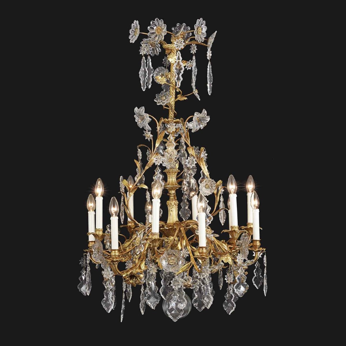 19th Century French Gilt Bronze And Crystal Twelve-branch Floral Chandelier -photo-4