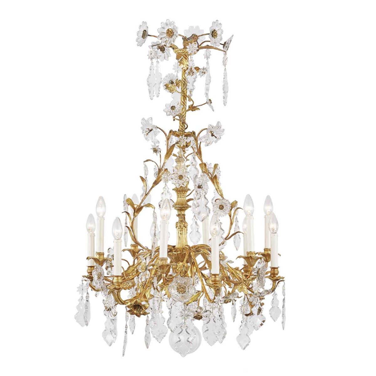 19th Century French Gilt Bronze And Crystal Twelve-branch Floral Chandelier 