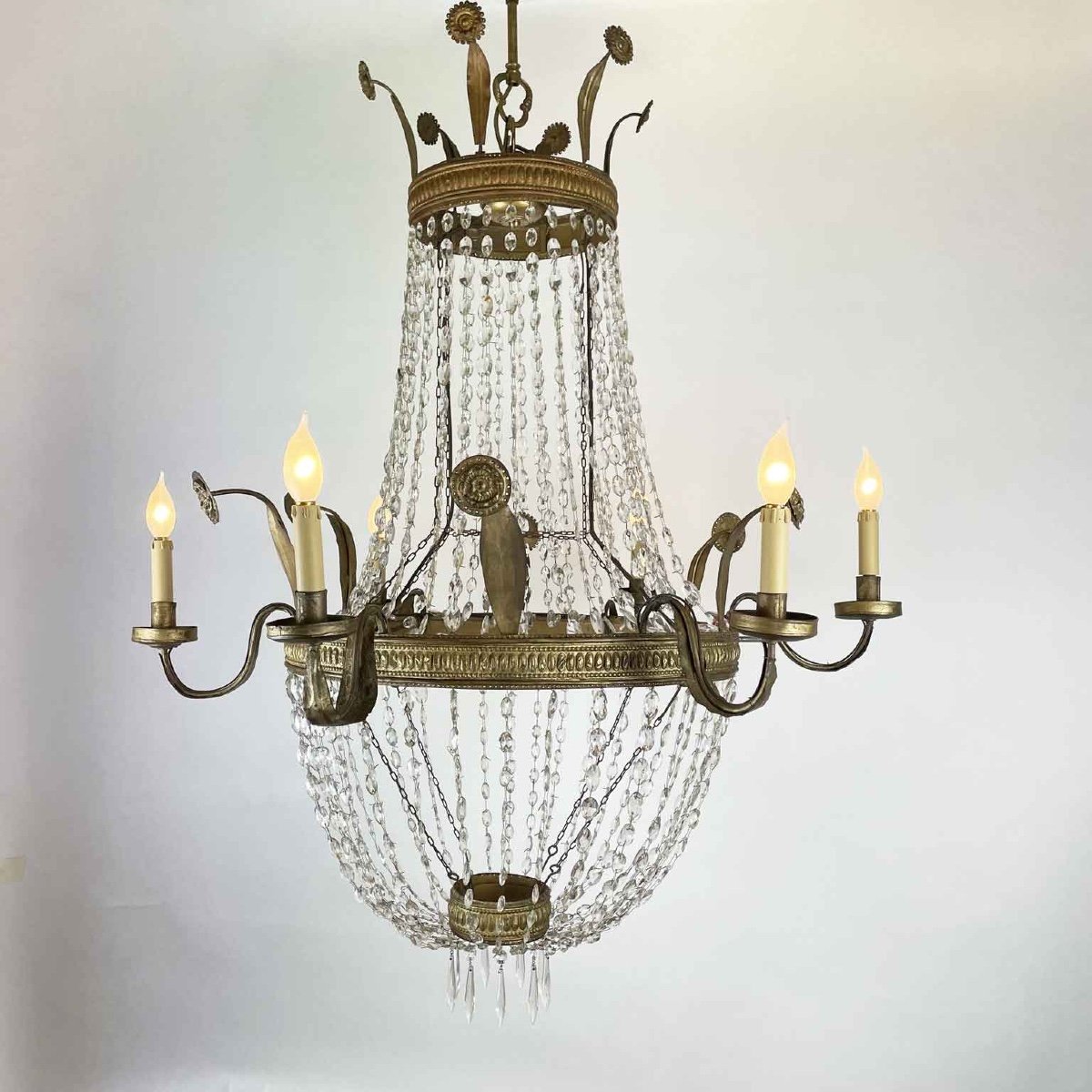 19th Century Italian Empire Beaded Crystal Chandelier Six Light Brass And Iron Structure-photo-3