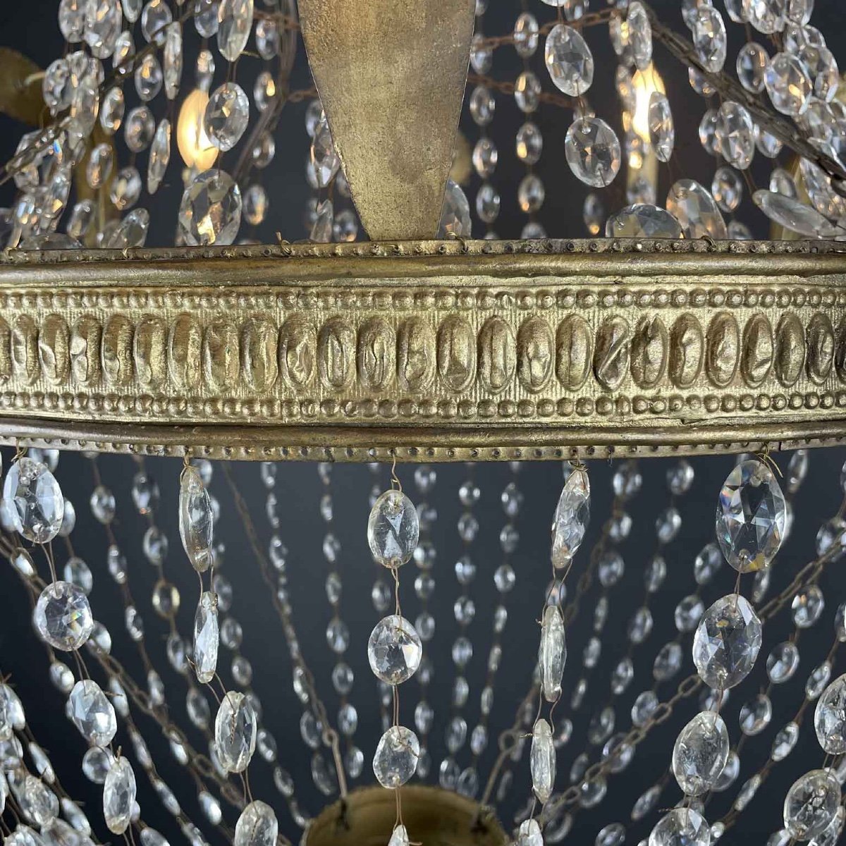 19th Century Italian Empire Beaded Crystal Chandelier Six Light Brass And Iron Structure-photo-4