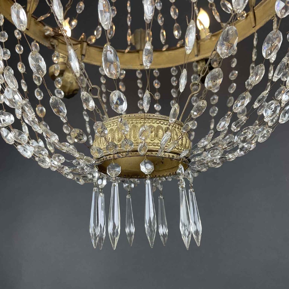 19th Century Italian Empire Beaded Crystal Chandelier Six Light Brass And Iron Structure-photo-4