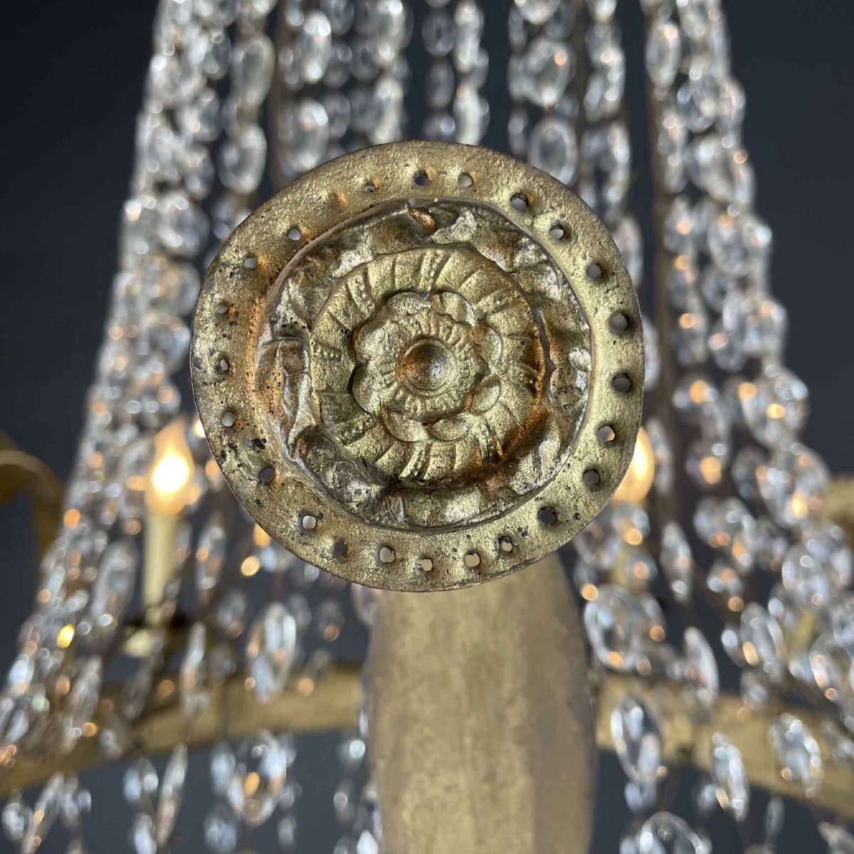 19th Century Italian Empire Beaded Crystal Chandelier Six Light Brass And Iron Structure-photo-8