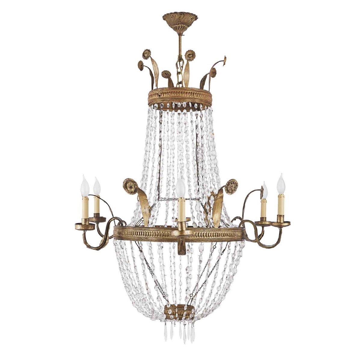 19th Century Italian Empire Beaded Crystal Chandelier Six Light Brass And Iron Structure