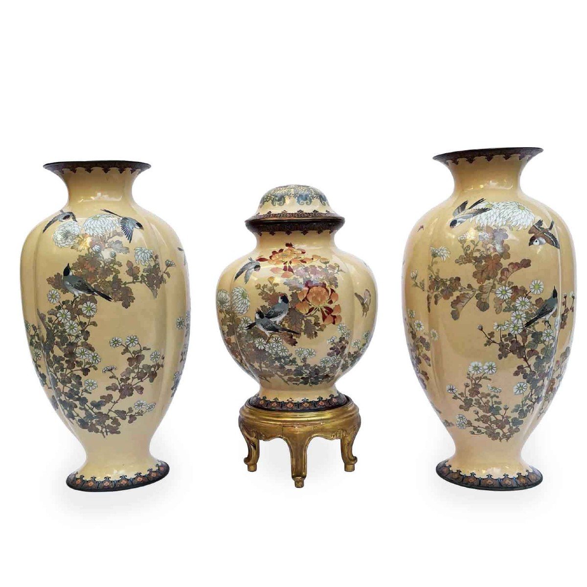 Grand Triptyque De Vases Cloisonnés  Vers 1950