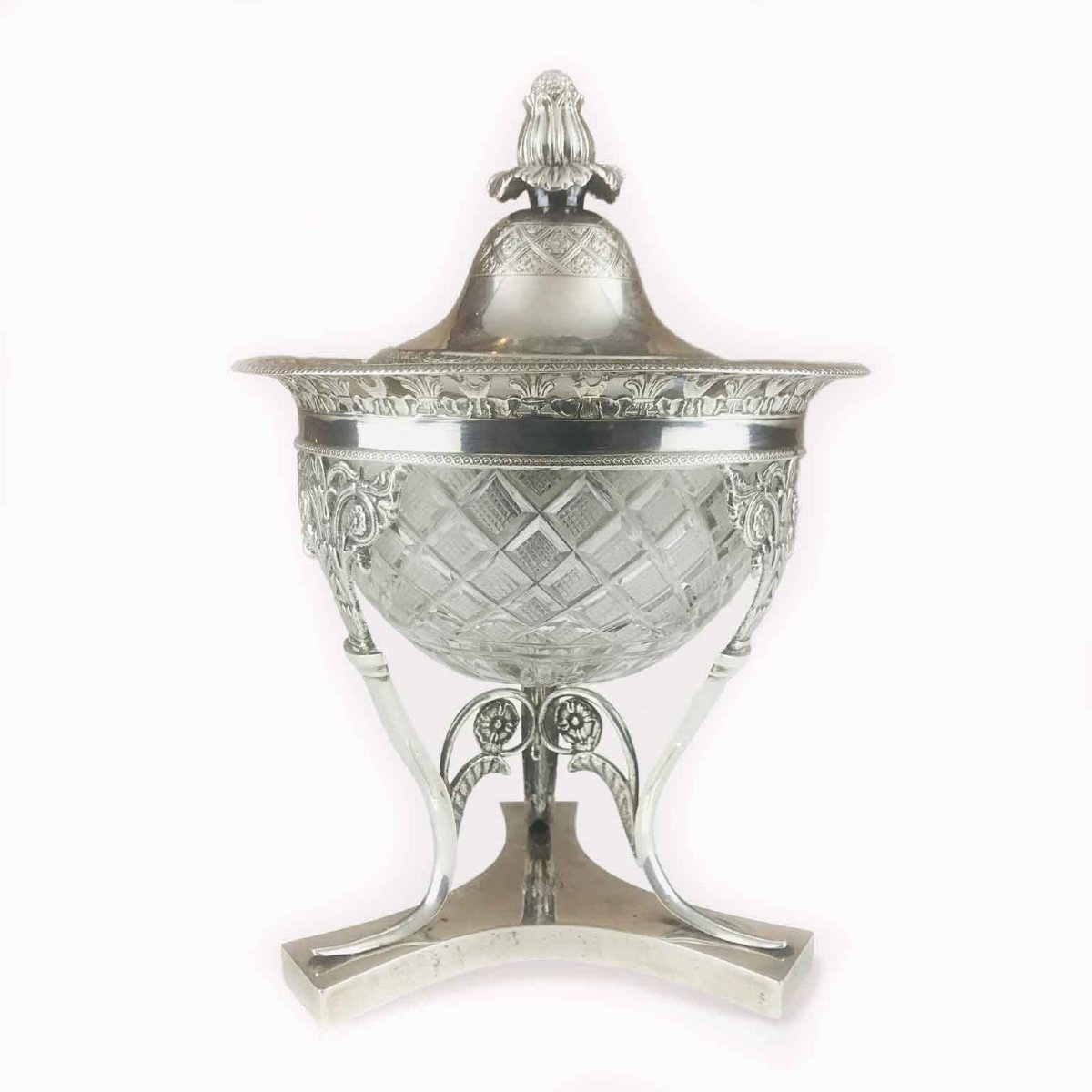 19th Century Italian Neoclassical Silver Covered Compote With Crystal Bowl-photo-2