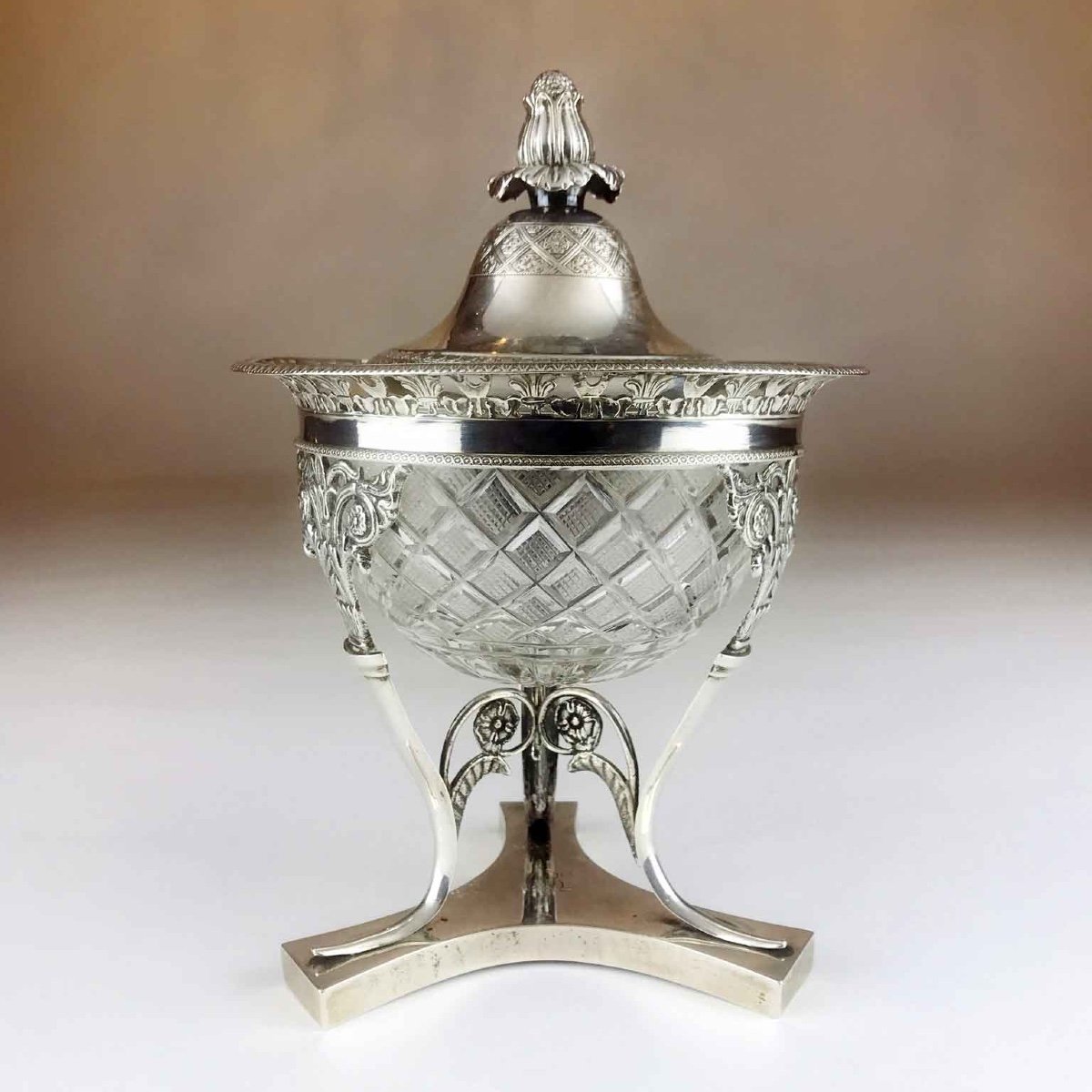 19th Century Italian Neoclassical Silver Covered Compote With Crystal Bowl-photo-5