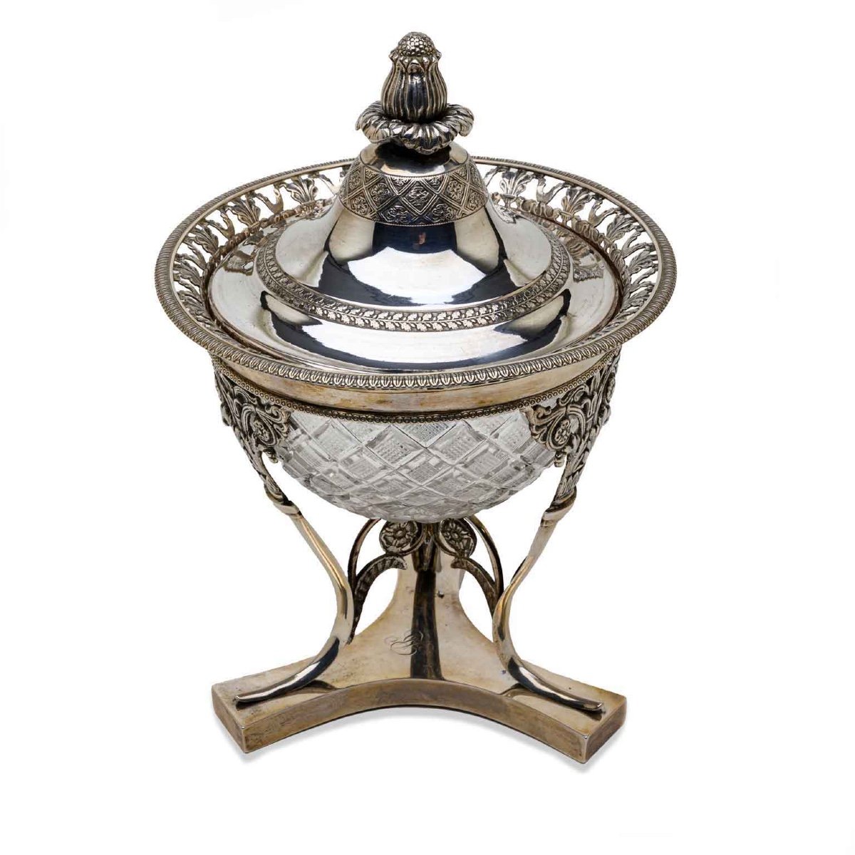 19th Century Italian Neoclassical Silver Covered Compote With Crystal Bowl